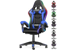 bigzzia Silla Gaming Ergonómica con Luces LED, Altura Regulable, Apoyo Lumbar y Reposacabezas, Respaldo Inclinable hasta 155°, Utilización RGB, Azul
