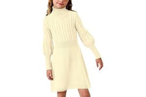 BesserBay Dziewczęca zimowa sukienka z golfem, bufiaste rękawy, dzianinowa sukienka 120-160