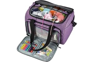 Coopay Sac à Tricoter Violet avec 4 Compartiments - Stockage de Laine Facile à Porter, Sac Pelote avec Couvercle, Poches Multiples pour Aiguilles et Crochet