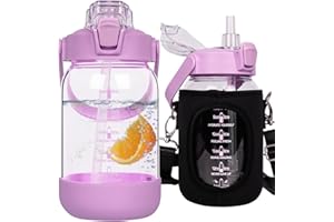 Seekua Szklana butelka na napoje, ze słomką i znacznikami czasu, szczelna, duża butelka na wodę, nadaje się do smoothie, nadaje się do mycia w zmywarce, 1 l