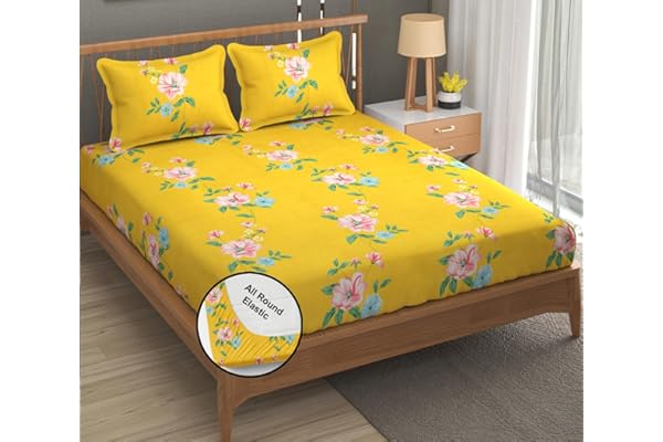 FRESH FROM LOOM Hypoallergenic King Size Floral Print Microfiber Fitted Bedsheet Set - 240 TC, Includes 2 Pillow Covers (Size - 78 x 72 Inches (Fit up to 10 Inch Daisy-Yellow)