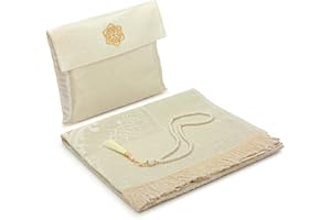 MISS TESETTÜR ihvan online Muslim Prayer Rug and Beads with Elegant Slub Fabric Bag | Janamaz | Sajadah | Soft Islamic Prayer Rug | Islamic Gifts | Prayer Carpet Mat, Taffeta Fabric, Ecru