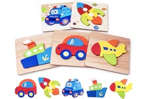 Highttoy Wooden Jigsaws for 1 2 3 Year Olds,5 Pcs Jigsaw Puzzles for Toddlers Kids Traffic Vehicle Chunky Shape Blocks Early Educational Montessori Wooden Puzzles Toys for 1 2 3 Year Old Boys Girls