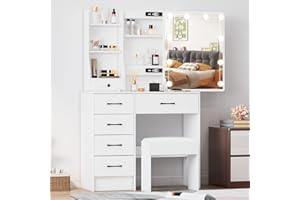 Ereousa Toeletta Trucco con Specchio e Sgabello, Postazione Make Up Robusta con Luci Dimmerabili e Guida Video, Ampia Scrivania Trucco con 6 Cassetti e 6 Ripiani, Bianco, 36×80×131 cm, H5603