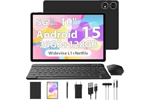 WOREGOO 10 pollici Tablet Android 15, Tablet in Offerta 36G RAM+128G ROM, 5G WiFi, Octa-Core, Widevine L1/8000mAh/1280x800 HD/5MP+8MP fotocamera con tastiera/mouse/caso, Nero