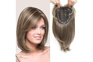 MORICHY Hair Toppers for Women Adding Hair Volume, Short Bob Hair Topper with 6.5x6.5inch Big Base Clip in Wiglets with Fringe Fiber Hairpieces for Women with Thinning Hair(Ash Light Brown with Highlights)