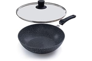 nuovva Non-Stick Wok Pan with Glass Lid– Deep Stir Fry Pan with Induction Base – 28cm Frying Pan with Detachable Handle