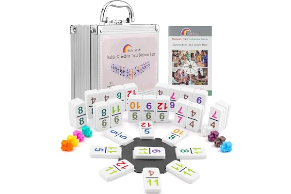 Kalolary Double 12 Jeu de Dominos du Train Mexicain, 91 Jeux Dominos Numérotés dans Boîtier Aluminium avec Livret d'Instructions 9 Trains Jeu Table Fête Familiale en Forme d'Octogone (Style Chiffres)