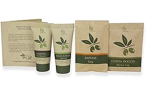 PRESENT-MORE - Set Cortesia 20 Ospiti Beauty Oil - Fragranza Tahitian - Contiene: Shampoo, Gel Doccia, Sapone e Cuffia - Made in Italy - Per Hotel e B&B