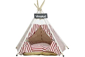 Vinnykud Pets Teepee Dogs Tent Stripes Removable and Washable Cats Tents Dog/Cat Bed Play House With Cushion (Red, M:50x50x60cm)