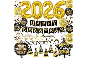 BASONG New Year Eve Decoration 2026,Black Gold Happy New Year Banner,2026 Foil Balloons, Holiday Photo Booth Props,2026 Party Supplies Photoshoot Props.A Decoration Set for Celebrating the Holidays