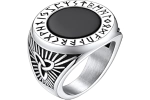 FaithHeart Viking Onyx Rings for Men, Retro Style Norse Runes Agate Ring Stainless Steel, Chunky Mens Signet Rings Size O-Z+3(With Gift Box)