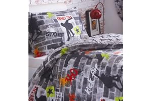 KIDS CLUB Single Duvet set & Curtains - Teen bedding in a stunt street skateboard design (Single Set (no curtains))
