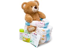 MilaBoo® Tarta de pañales para moto, color azul con osito de peluche, regalo para recién nacidos con pañales y productos de Hipp I regalo personal para bebés para el nacimiento