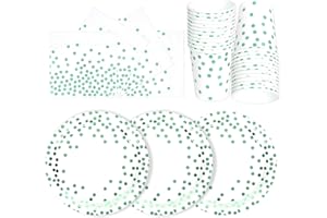 PYAILI Bianco Oro Verde Stoviglie Feste 72 Pezzi Verde Erba Festa della Addobbi Ragazza Compleanno Dambini Articoli Feste Set Include Piatto Usa e Getta Carta Party Tazze Tovaglioli-24 Ospiti