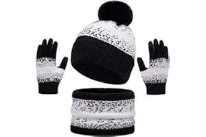 Baynetin Winter Beanie Scarf Gloves Set for Women Men Couples - Warm Knitted Snowflake Pom Hat, Snood/Long Scarf, Thermal Touchscreen Gloves - 3Pcs Matching Outfit