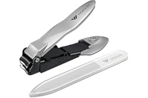 VANWIN Cortaúñas con recogedor, cortaúñas sin salpicaduras con hoja curva afilada y lima de uñas de vidrio, cortador de uñas de acero inoxidable para adultos hombres mujeres