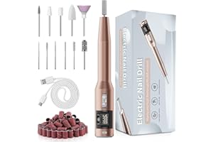SURPN Electric Nail Files, 500mA Rechargeable Portable Nail Drills Machine with Light and LCD Display, 40000 RPM Adjustable Speed Manicure Pedicure Set with 11 Drill Bits, Low Vibration Low Noise