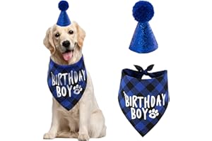 AIMICOCA Hund Geburtstag Bandana Hut Schal Set, Hund Geburtstag Party Zubehör, Hunde Bandana Junge Mädchenm Welpe Geburtstags Hut Schal klassisches Kariertes Design für Hunde (Blau)