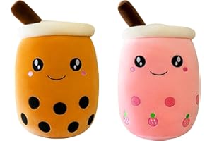 SPIRTUDE 2Pcs Cute Boba Plush Strawberry Plushie Stuffed Bubble Tea Plushies Cartoon Milk Tea Cup Squishy Pillow, Soft for Kids, Girls 24cm (Brown Boba+Strawberry plush, 9.4"/24cm)