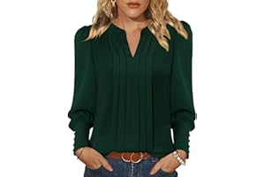 KISSMODA Womens Casual Pleated Blouses Long Puff Sleeve V Neck Tunic Tops Dressy Trendy Shirts Elegant Fall Outfits