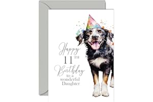 GIFTZIE 11th Birthday Cards for Daughter - Party Dog - Happy Birthday Card for 11 Year Old Daughter from Mum Dad, A5 Bday Girl Girls Kids Greeting Cards Gift for Daughter Birthday Gifts