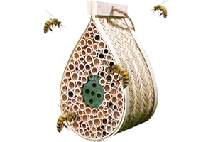 LWINGFLYER Mason Bee House, Pollinating Palace，Hanging Wooden bee House Habitat with Bamboo Tubes for The Garden and Yard Bee Hotel for Pollinators