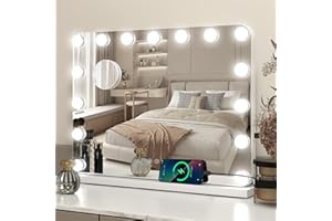 YU YUSING Hollywood Espejo Maquillaje con Luz 15 LED, 58x45 cm, 3 Modos Iluminación Regulables, Espejo Tocador, Controles Táctiles, USB, 10x, Espejos de Mesa Tocador Dormitorio, Esquinas Redondas