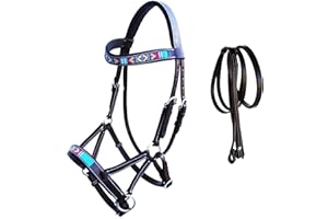 CHALLENGER Horse Western Leather Tack Beaded Bitless Sidepull Bridle Reins Brown 77RS15BR