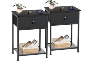 AMHANCIBLE Bedside Table Set of 2, Small Side Table with Fabric Drawer, Sofa Side Table with Storage Shelf, Nightstand with Metal Frame, Coffee Table for Bedroom, Living Room, Black UHET03SDBK