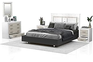 duehome | Pack de Dormitorio con Cabecero + 2 mesitas de Noche + Comoda y Espejo, Conjunto de Dormitorio, Dormitorio Completo, Modelo Kira 4c, Acabado en Andersen Pino y Gris