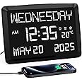 Mesqool Digital Calendar Day Clock, 11.5” Extra Large Dementia Clock with Clear Temperature Display, Alarm Clock with Snooze, 5 Dimmer and USB Chargers, Desk and Wall Clock for Elderly and Memory Loss