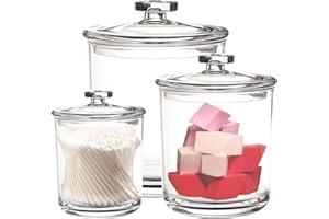 Youngever 1800ml, 900ml and 450ml Clear Plastic Apothecary Jars Set of 3, Re-usable makeup organizer, Qtip holders, cotton pad holders