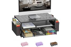 Pygocereri Monitor Stand Riser, Desk Accessories and Organizer with Drawer and 2 Pen Holder, Desk Monitor Riser for Screen, Ergonomic Desktop Stand for Work Office Accessories (Black)