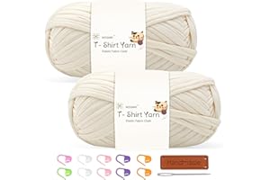 NISSARY T Shirt Yarn for Crocheting 100gx2 Chunky Crochet Yarn Elastic Fabric Set with Accessories – Ideal for DIY Bags, Blankets, Baskets and Home Decor Projects (Off-White)