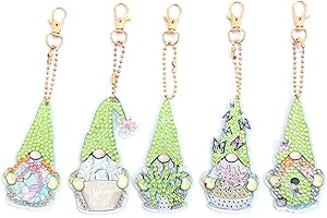 MWOOT 5 Pezzi DIY Pittura Diamante Portachiavi, 5D Gnomi Diamond Art Painting Keychain, Fai Da Te Doppia Faccia Dwarf Strass Pittura Portachiavi per Decorazione Zaino Borsa Borsetta (Verde)