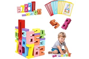 PENGSHOW Number Blocks Toys for Kids, 20PCS Wooden Number Building Block, 3D Digital Puzzle Counting Blocks, with Building Cards, Early Education Math Games for Preschoolers, Promote Parentechild Interaction