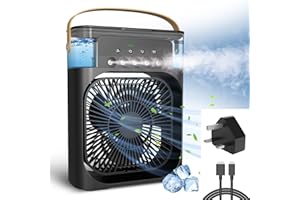 NTMY Mini Air Cooler, USB Desk Fan, Personal Evaporative Cooler with 7 Colors LED Light, 1/2/3 H Timer, 3 Wind Speeds and 3 Spray Modes for Office, Home, Dorm, Travel