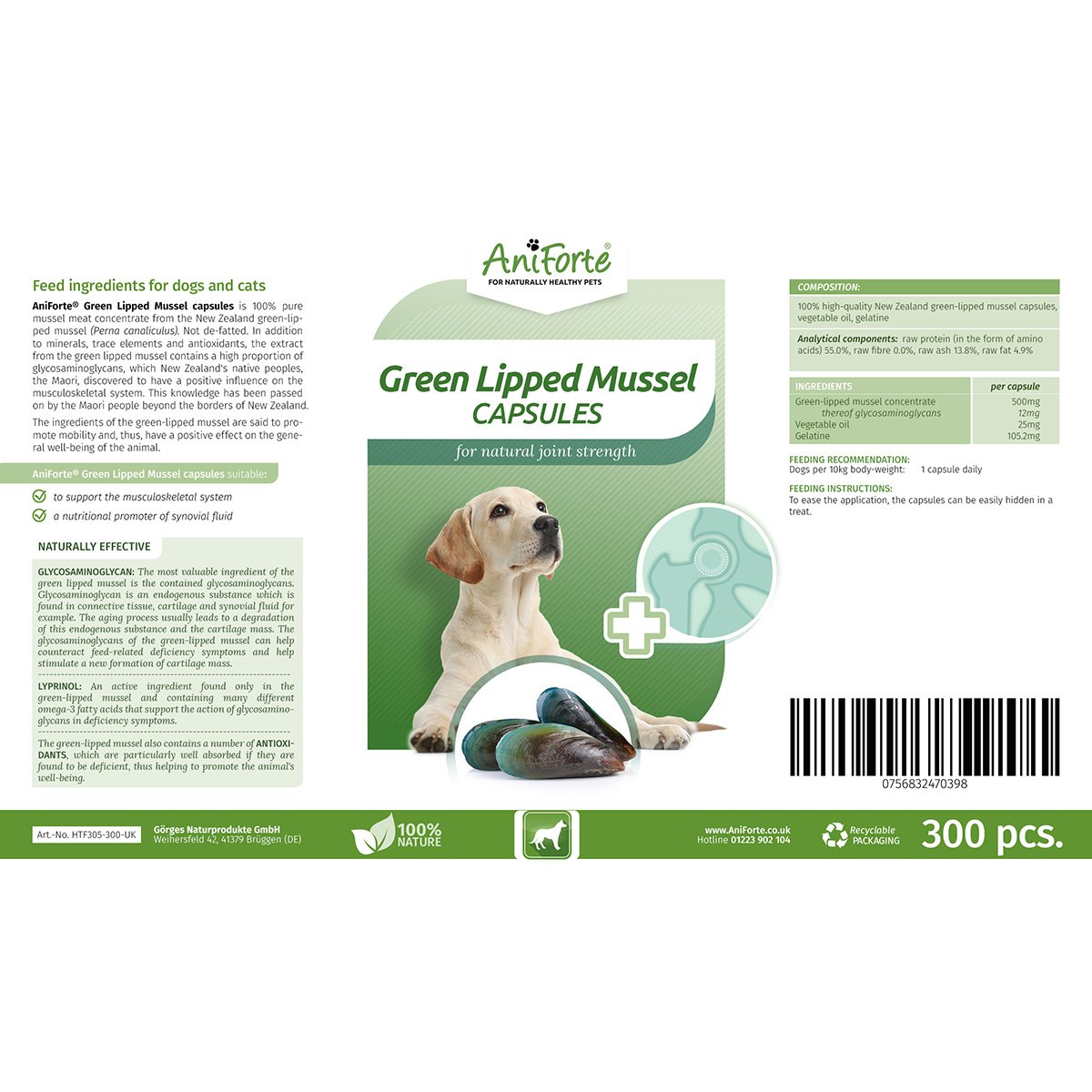 AniForte Green Lipped Mussel for Dogs and Cats 500mg x 300 Capsules