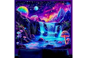 WEBEEDY UV Reactive Waterfall Tapestry Blacklight Galaxy Mushroom Landscape Tapestry Wall Hanging Aesthetic Glowing Tapestries for Bedroom Living Room Halloween Party Decor, 130x150cm