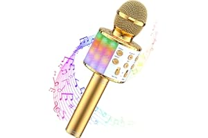 Wowstar Karaoke Bluetooth Microphone, 5 in 1 Wireless Microphone for Kids Adults, Dancing LED Lights Portable Speaker Karaoke Machine for Home KTV Party Singing (Gold)