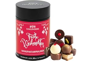 ‎HALLINGERS GENUSS MANUFAKTUR Hallingers 12 Manufaktur-Pralinen handgemacht, ohne Alkohol (150g) - Frohes Weihnachtsfest (Premiumdose) - zu Weihnachten, Glückwunsch, Danke - jetzt zu Weihnachten 2023 schenken