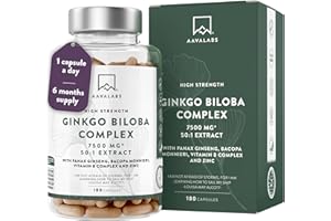 AAVALABS Ginkgo Biloba High Strength -7500mg (50:1 Extract) + Bacopa Monnieri, Ginseng and Ginkgo Biloba Herbal Supplements + VIT B6, B1, B2, & Zinc -180 Nootropic Ginkgo Biloba Capsules - Packed w/Flavonoids
