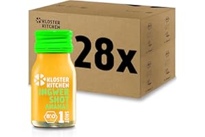 Kloster Kitchen Shot de Gingembre Bio à l'Ananas 28 x 30 ml - Avec Morceaux de Gingembre Véritables - Végétalien en Bouteille en Verre à Emporter - Sucré et Épicé Sans Additifs