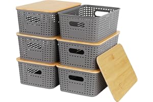 Nymblis 6Pcs Storage Boxes with Lids, Stackable Storage Baskets with Bamboo Lids, Plastic Lidded Storage Bins Containers for Kitchen Bathroom Cabinets Organization,Grey