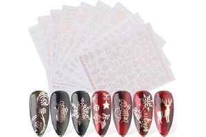 HUIFOO Nagelsticker Weihnachten, Glitzer 9 Blatt Nail Art Sticker, Nagelaufkleber Selbstklebend, Nageldesign Zubehör, Schneeflocke Urlaub Christmas Dekoration, Schneeflocke Rentier Nail Roségold