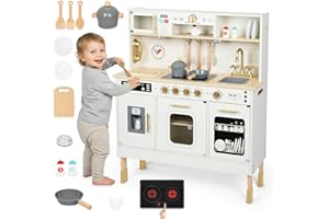 Mamabrum Cocina de Juguete para Niños de Madera con Luces LED - Juguetes Cocina Niños Interactiva con Altura Ajustable - Incluye Microondas, Lavavajillas y Accesorios - 104cm