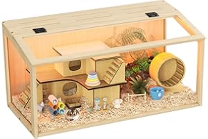 BingoPaw Cage Hamster en Bois, Habitats pour Rongeur Souris avec Fenêtre en Verre Trempé et Trous de Ventilation pour Gerbilles et Cochon d'Inde 60x40x40cm