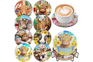 SOEWIOU 8 Pcs Diamond Painting Coasters with Holder,Cow Diamond Art Coasters 5D DIY Art Coasters Kits Round Full Drill Diamond Art Craft Supplies for Adults Kids,Beginners