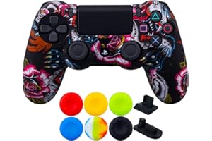 9CDeer 1 Piece of SiliconeTransfer Print Protective Cover Skin + 6 Thumb Grips & Dust Proof Plugs for PS4/Slim/Pro Controller Black Dragon